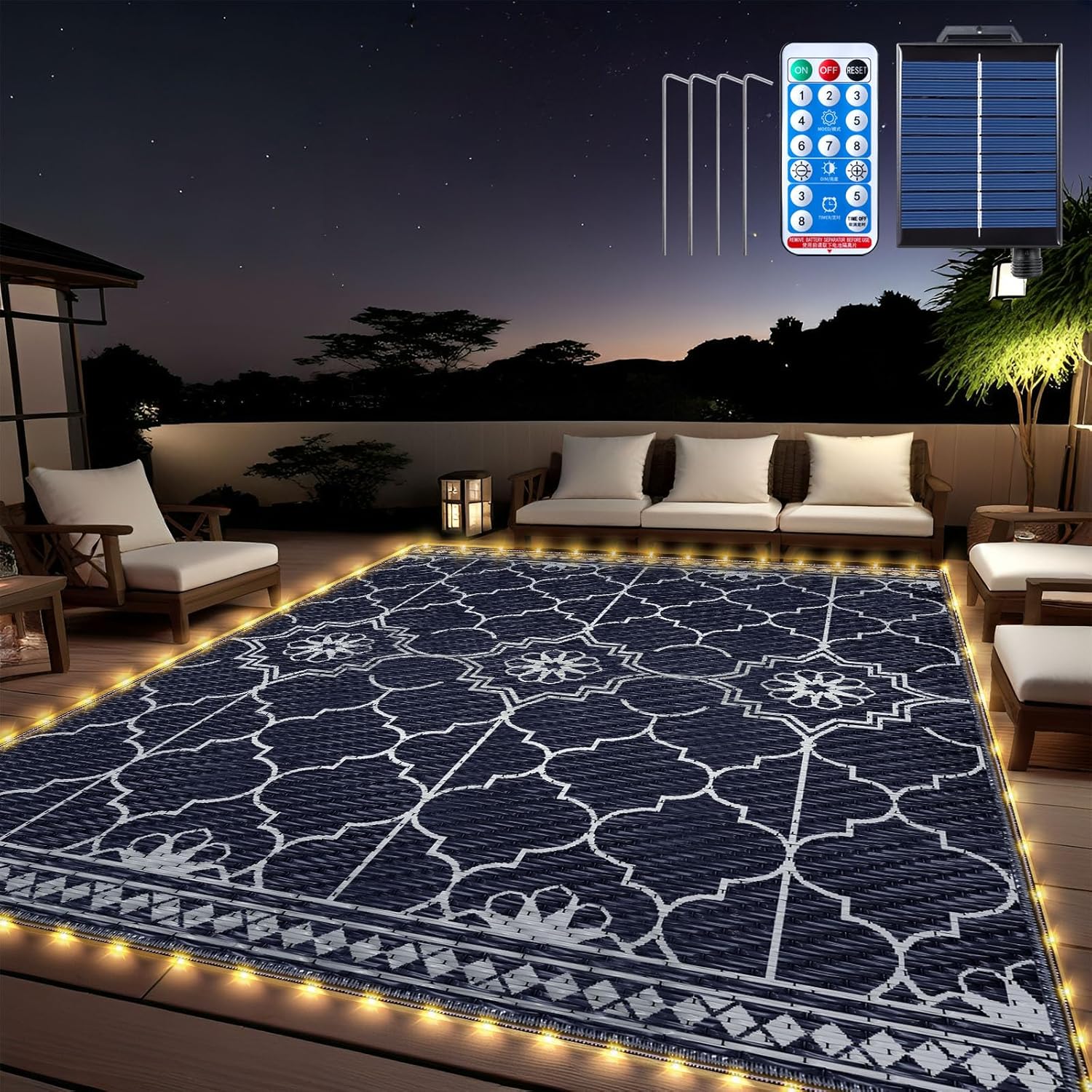 Outdoor Camping Rug With Led Lights - 8x10ft Solar Outdoor Rug with 113