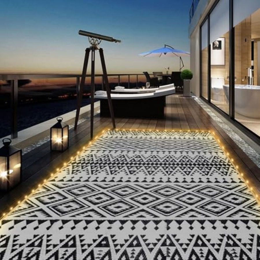 Outdoor Camping Rug With Led Lights - Outdoor patio rug, waterproof plastic straw,