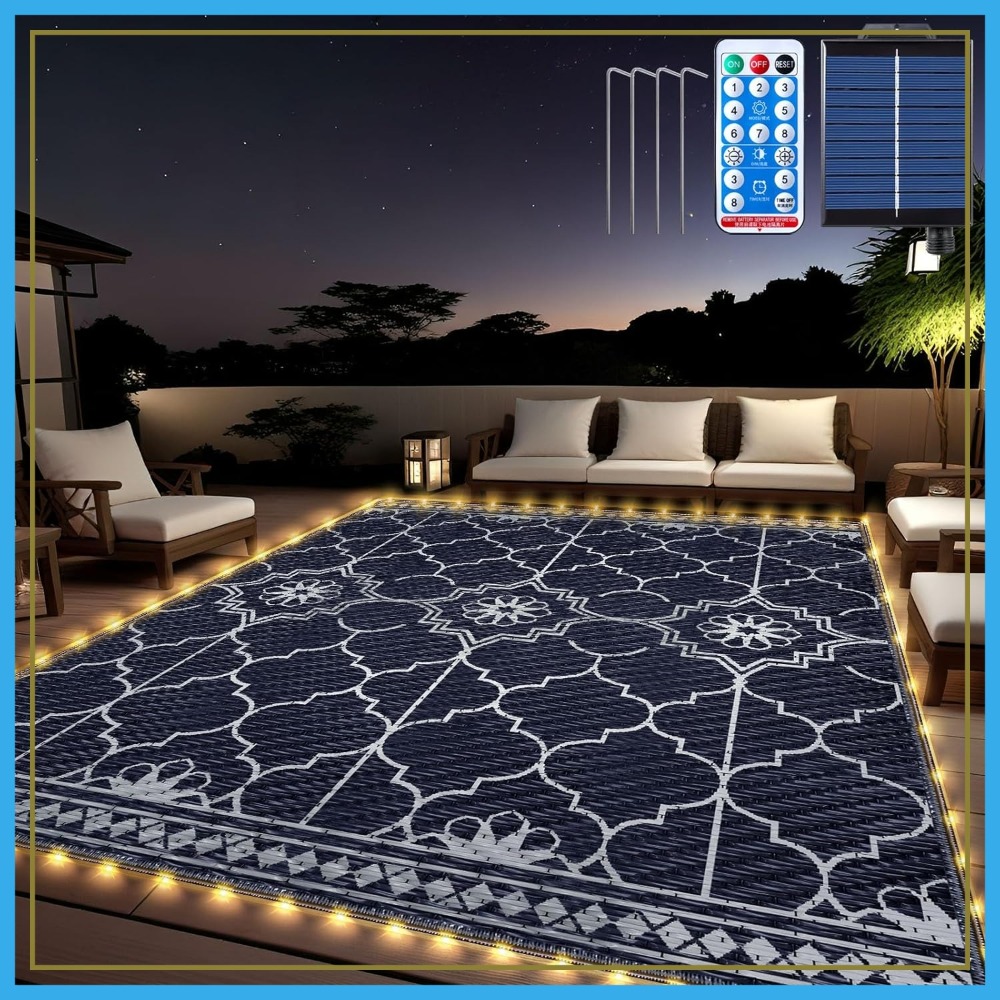 Outdoor Camping Rug With Led Lights - 8x10ft Solar Outdoor Rug with 113
