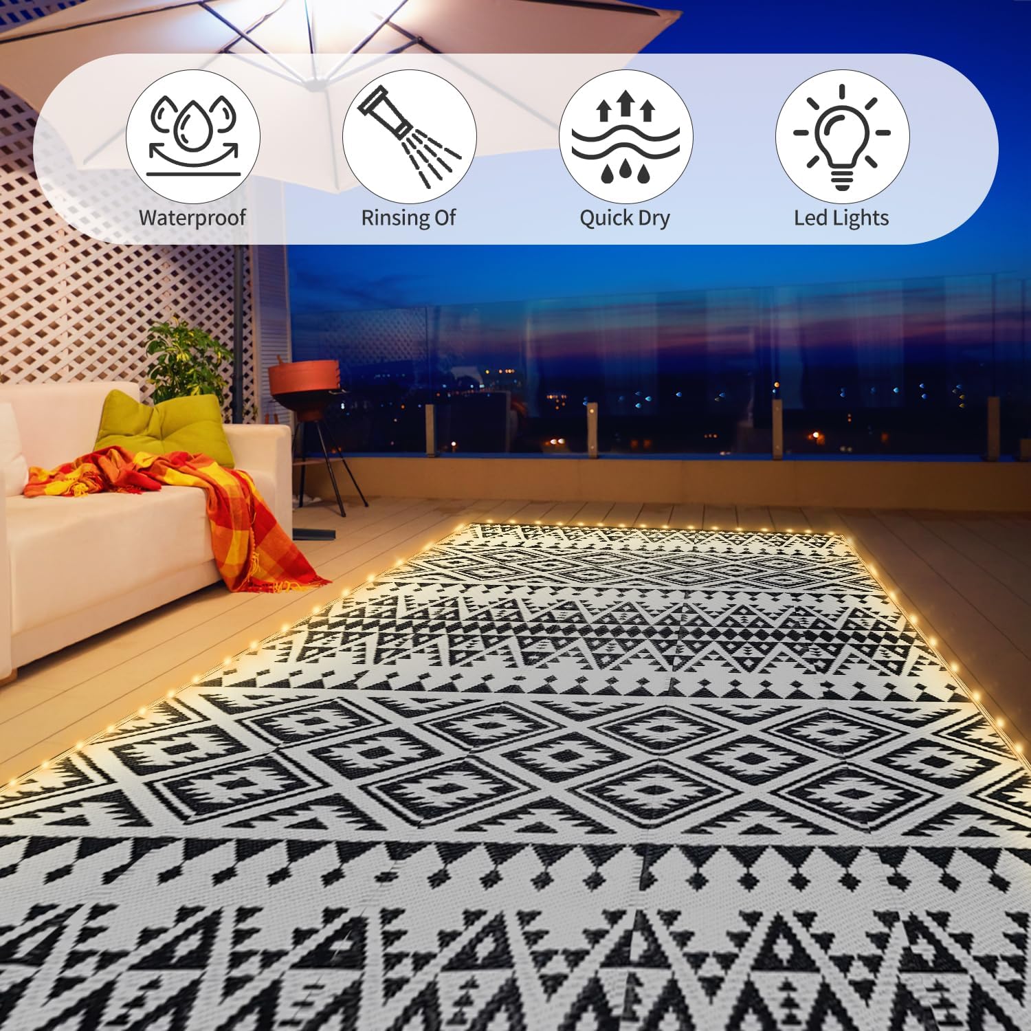 6x9ft Waterproof Outdoor Rug w - Outdoor Camping Rug With Led Lights recensione e prezzo